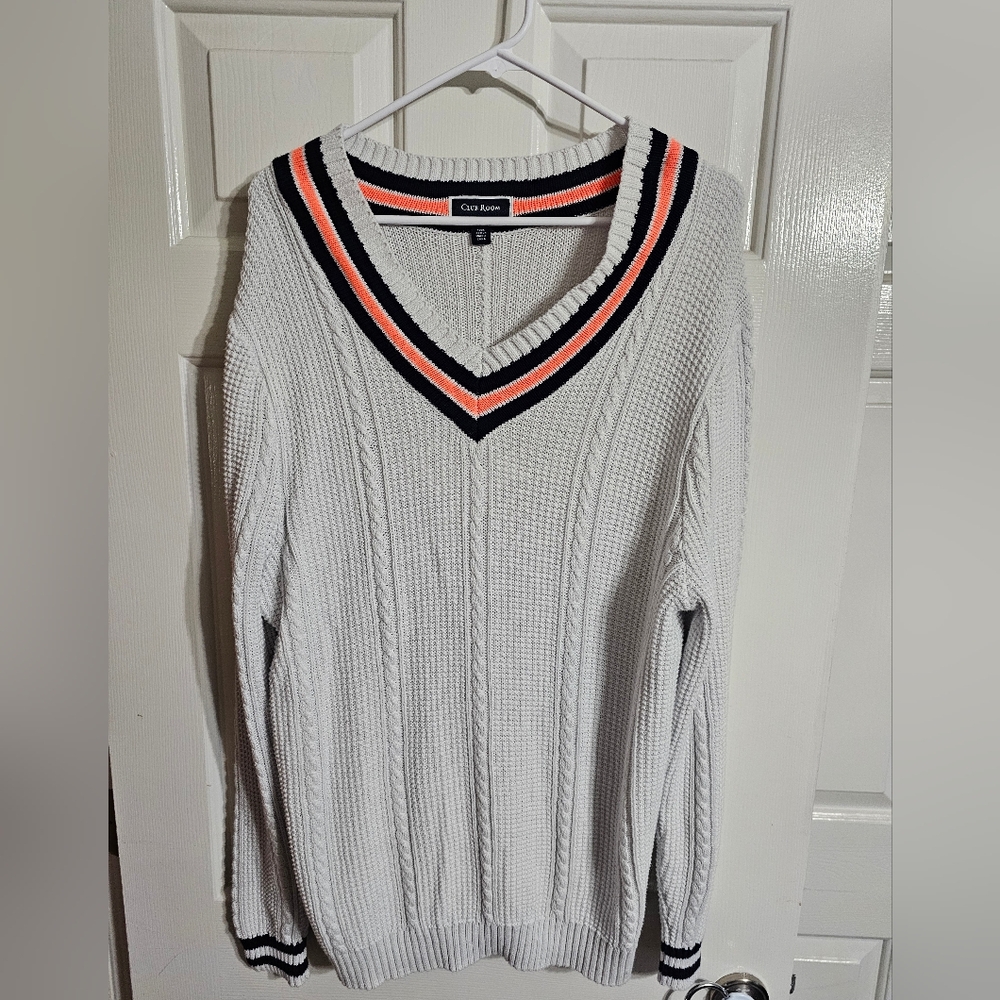 Club Room Mens Large White Cable Knit Cricket Sweater Preppy Varsity V Neck - Picture 2 of 6